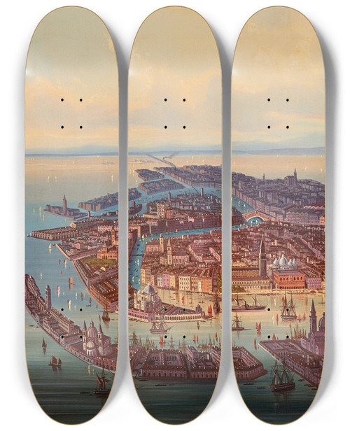 Triptych art skateboard deck of Albert Rieger A Panoramic View Of Venice by Albert Rieger (1934-1905)