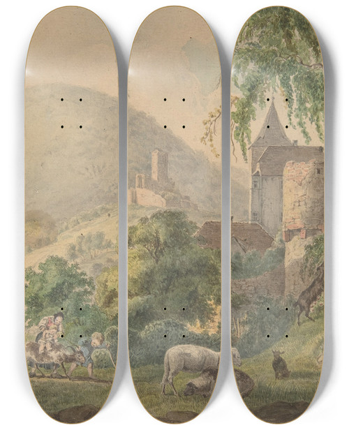 Triptych art skateboard deck of Carl Philipp Fohr The Four Castles Of Neckarsteinach by Carl Philipp Fohr (1795-1818)