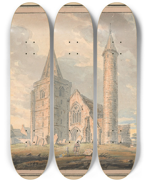 Triptych art skateboard deck of Edward Dayes Brechin Cathedral And Round Tower Forfarshire Scotland by Edward Dayes (1763-1804)