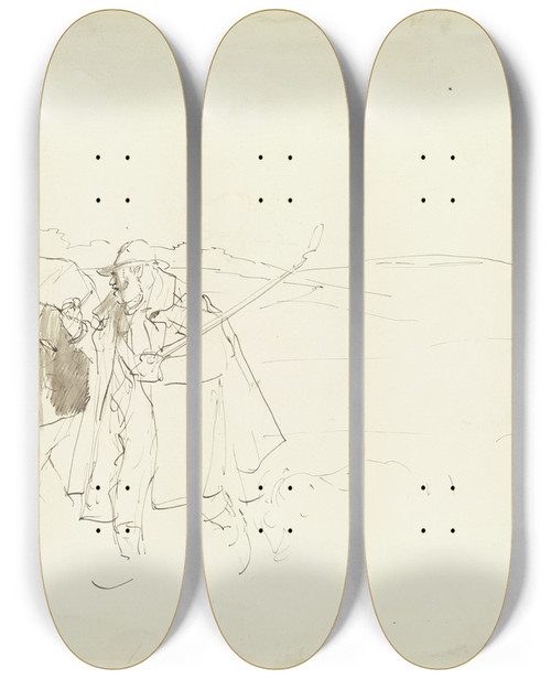 Triptych art skateboard deck of Wilhelm Altheim Ein Schfer Und Ein Hndler Auf Wanderschaft by Wilhelm Altheim (1871-1914)