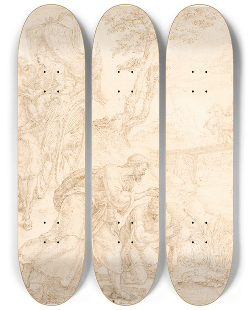 Triptych art skateboard deck of Maarten Van Heemskerck Filip Dber Tioperdronningen Kandakes Skatmester by Maarten Van Heemskerck (1498-1574)