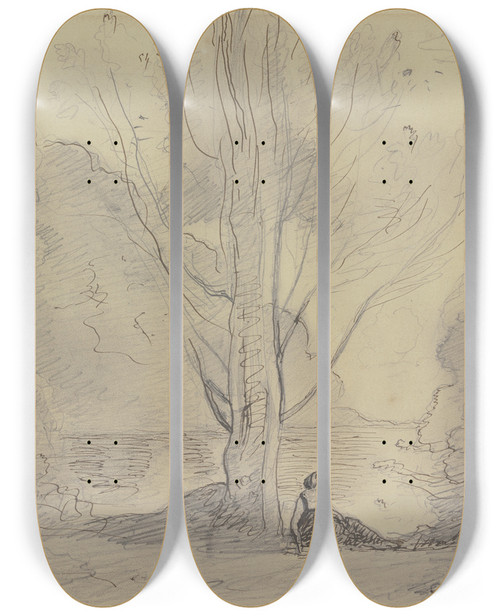 Triptych art skateboard deck of Jeanbaptistecamille Corot Ruhende Frau Unter Pappeln Am Flu by Jean-Baptiste-Camille Corot (1796-1875)