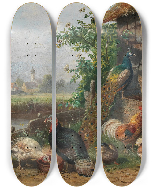 Triptych art skateboard deck of Franz Bernier Poultry At The Pond In The Background A Village by Franz Bernier (1900)