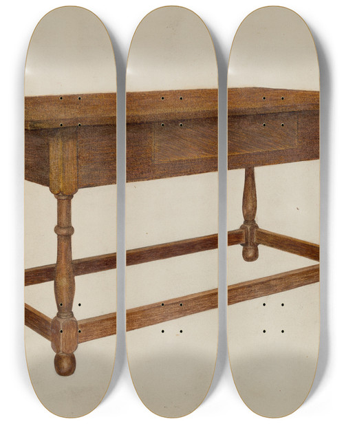 Triptych art skateboard deck of Dorothea A Farrington Tavern Table Or Stretcher by Dorothea A Farrington