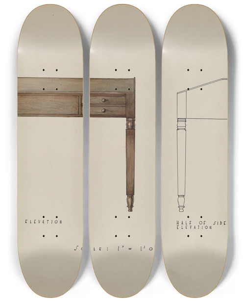 Triptych art skateboard deck of Kurt Melzer Accounting Desk by Kurt Melzer
