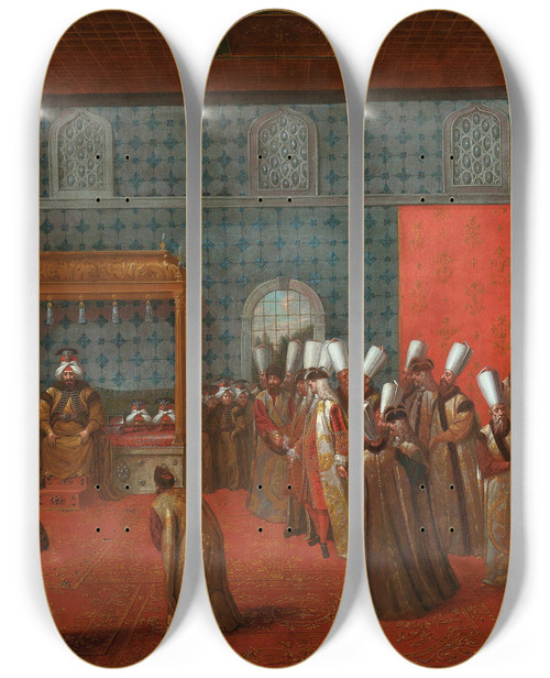 Triptych art skateboard deck of Jean Baptiste Vanmour Ambassador Cornelis Calkoen At His Audience With Sultan Ahmed Iii by Jean Baptiste Vanmour (1671-1737)