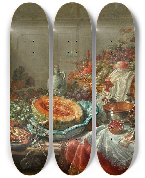 Triptych art skateboard deck of Dominicus Gottfried Waerdigh Porcelain Silver Objects Fruit And Shellfish On A Table by Dominicus Gottfried Waerdigh (1700-1789)