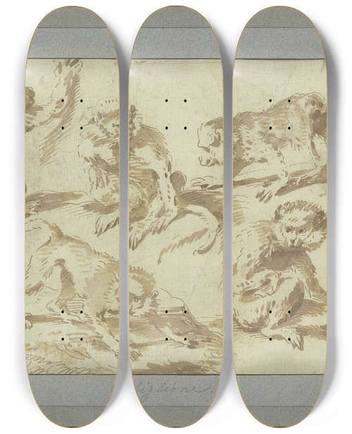 Triptych art skateboard deck of Giovanni Benedetto Castiglione Fnf Affen In Verschiedenen Stellungen by Giovanni Benedetto Castiglione (1609-1664)