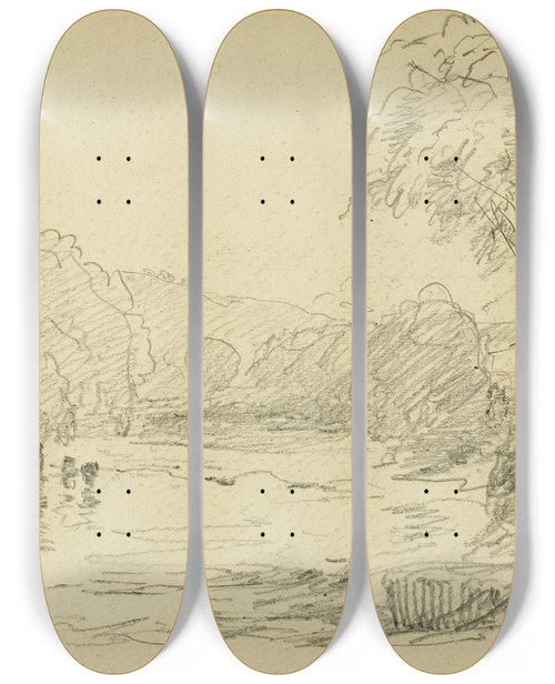 Triptych art skateboard deck of David Cox River Scene_2 by David Cox (1783-1859)