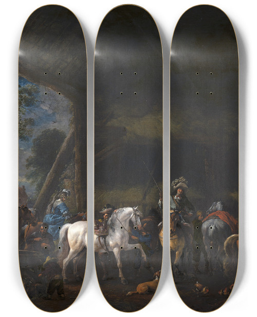 Triptych art skateboard deck of Philips Wouwerman The Arrival At The Stable by Philips Wouwerman (1619-1668)