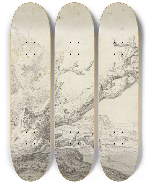 Triptych art skateboard deck of Jan Weenix Alter Drrer Baum Querber Nach Rechts Hngend Im Hintergrund Eine Flugegend Mit Mehreren Figuren by Jan Weenix (1641-1719)