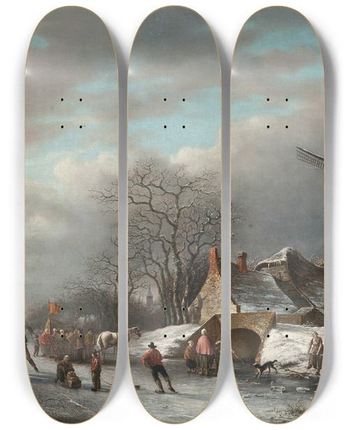 Triptych art skateboard deck of Andreas Schelfhout Skaters On A Dutch Waterway By A Windmill by Andreas Schelfhout (1787-1870)