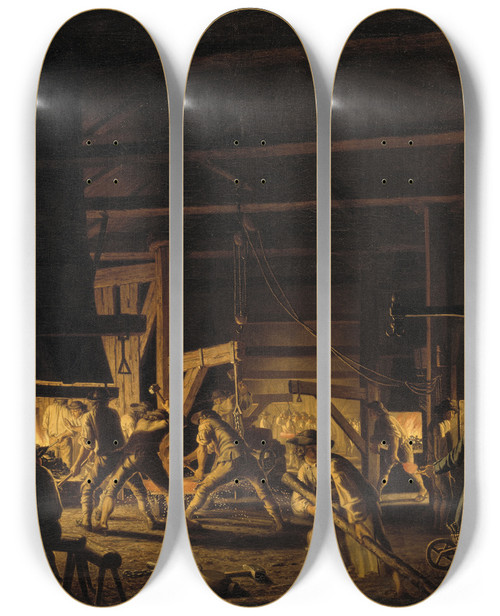 Triptych art skateboard deck of Pehr Hillestrm In The Anchorforge At Sderfors The Smiths Hard At Work by Pehr Hillestrom (1732-1816)