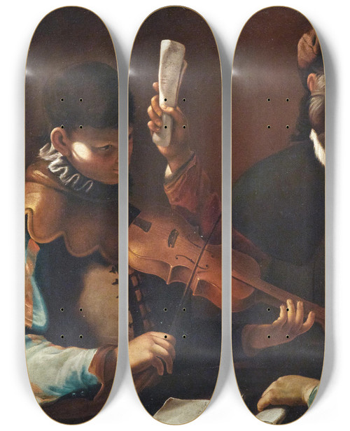 Triptych art skateboard deck of Mattia Preti Concertino With A Violin Player by Mattia Preti (1613-1699)