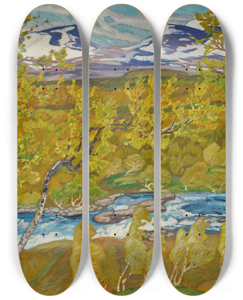 Triptych art skateboard deck of Helmer Osslund The Lapporten Valley Lapland by Helmer Osslund (1866-1938)