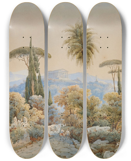Triptych art skateboard deck of Johann Jakob Wolfensberger Vue Du Forum Romain by Johann Jakob Wolfensberger (1797-1850)