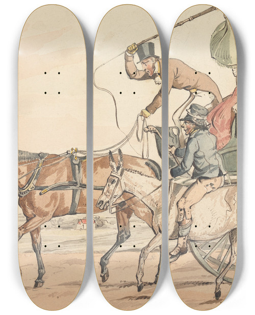 Triptych art skateboard deck of Henry Thomas Alken Sporting Discoveries Or The Miseries Of Driving You Discover You Have Obtained A Steady One by Henry Thomas Alken (1785-1851)