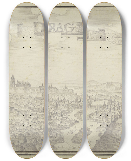 Triptych art skateboard deck of Johann Baptist Reiser Ansicht Von Prag Mit Der Moldau_1 by Johann Baptist Reiser (18-)
