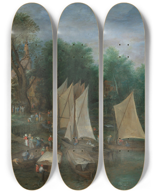 Triptych art skateboard deck of Jan Brueghel The Elder A Landing Stage Near A Village With Shipping And Figures by Jan Brueghel The Elder (1568-1625)