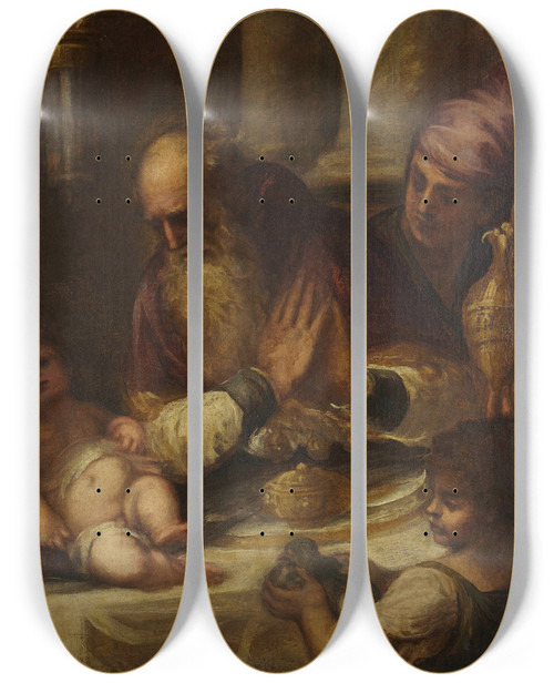 Triptych art skateboard deck of Andrea Schiavone Presentation In The Temple by Andrea Schiavone (1500-1563)