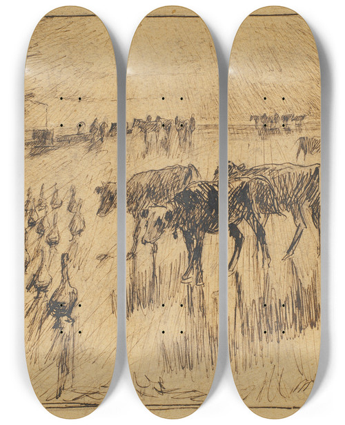 Triptych art skateboard deck of Theodor Philipsen Med Solen I Jnene Hollnderbrnden P Saltholmen Sen Eftermiddag by Theodor Philipsen (1840-1920)