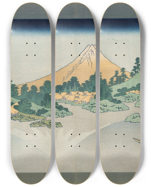 Triptych art skateboard deck of Katsushika Hokusai Thirtysix Views Of Mt Fuji The Surface Of Lake Misaka In Kai Province by Katsushika Hokusai (1760-1849)