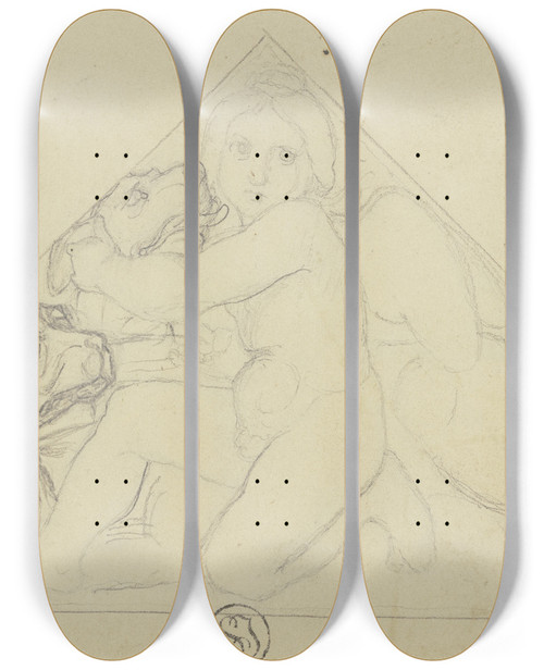 Triptych art skateboard deck of Eugen Eduard Schffer Erot With Cerberus_2 by Eugen Eduard Schaffer (1802-1871)