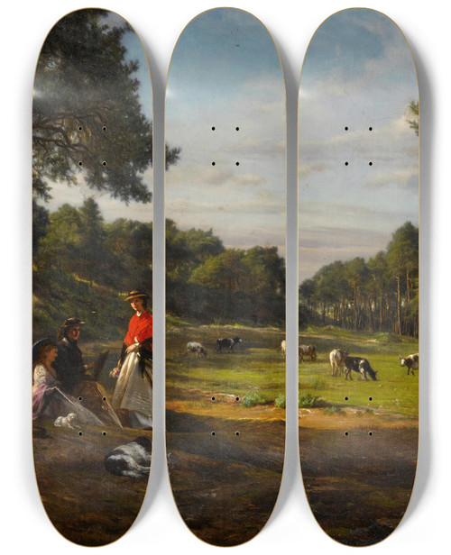 Triptych art skateboard deck of Josephus Laurentius Dyckmans A Pastoral Landscape With Figures Sketching In The Foreground by Josephus Laurentius Dyckmans