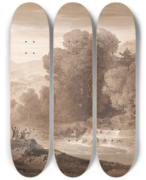 Triptych art skateboard deck of John Martin Archers Stalking A Stag by John Martin (1789-1854)