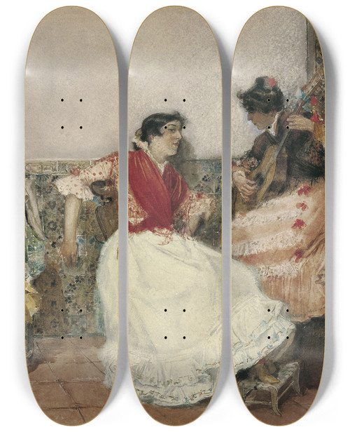 Triptych art skateboard deck of Joaqun Sorolla Playing The Guitar by Joaquin Sorolla (1863-1923)