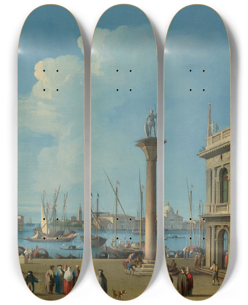Triptych art skateboard deck of Giovanni Battista Cimaroli Venice A View Of The Molo From The Piazzetta Looking South To San Giorgio Maggiore With The Columns Of St Mark And St Theodore And Thebiblioteca Sansoviniana by Giovanni Battista Cimaroli (1687-1771)
