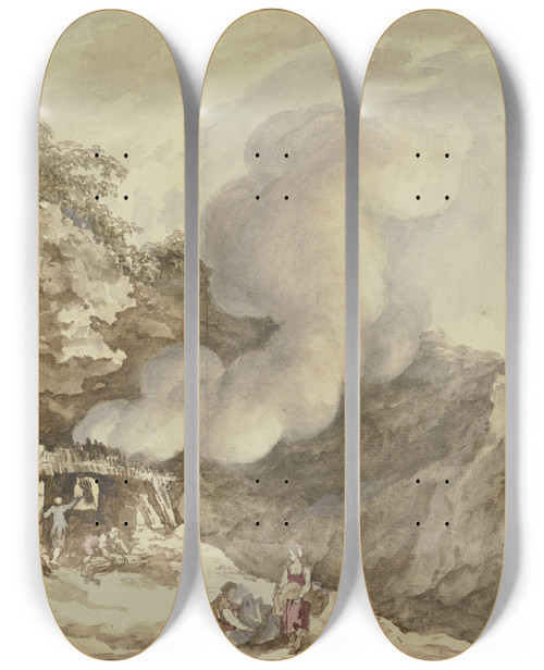 Triptych art skateboard deck of Carl Kuntz Gebirgslandschaft In Der Mitte Ein Brennofen Von Dem Eine Rauchwolke Aufsteigt by Carl Kuntz (1770-1830)