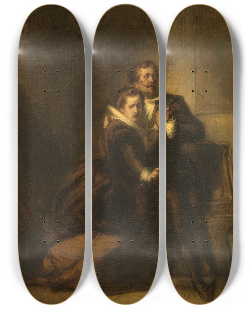 Triptych art skateboard deck of Johannes Hinderikus Egenberger Hugo De Groot Escapes In A Bookcase From Loevestein Castle Anno 1621 by Johannes Hinderikus Egenberger (1822-1897)
