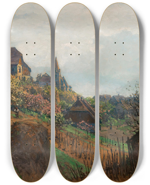 Triptych art skateboard deck of Heinrich Tomec A View Of Weienkirchen From A Vineyard In The Wachau Region by Heinrich Tomec (1863-1928)
