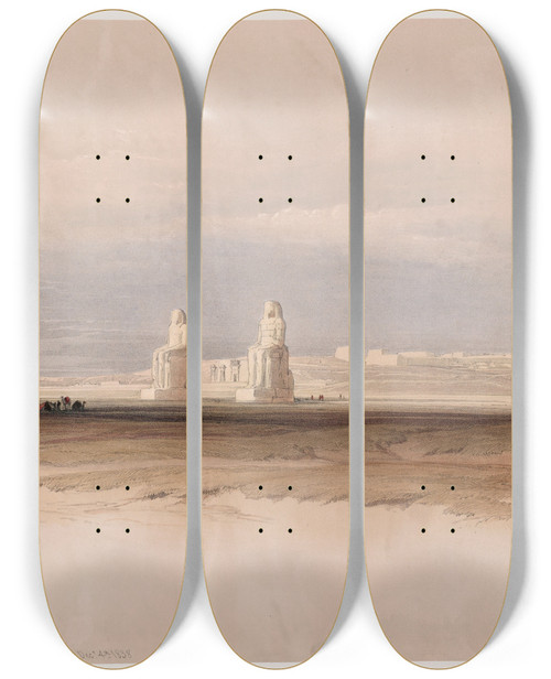 Triptych art skateboard deck of David Roberts Statues Of Memnon Thebes Dec 4Th 1838 by David Roberts (1796-1864)