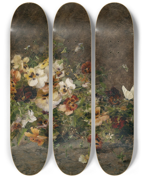 Triptych art skateboard deck of Olga Wisingerflorian Stiefmtterchen Und Schmetterlinge by Olga Wisinger-Florian (1844-1926)