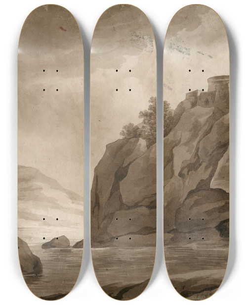 Triptych art skateboard deck of David Humbert De Superville High Rocks With Fortress On Both Sides Of A River by David Humbert De Superville (1770-1849)