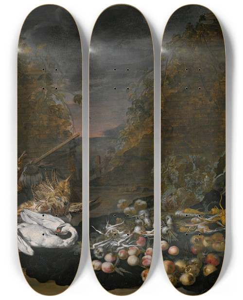 Triptych art skateboard deck of Jan Van Kessel The Younger A Still Lifeof A Swan And Other Birds With Rabbitsfruit And Vegetables And A Landscape Beyond by Jan van Kessel the Younger (1654-1708)