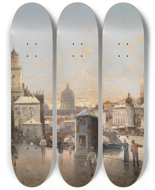 Triptych art skateboard deck of August Von Siegen Stadtansicht_1 by August Von Siegen (1850-1910)