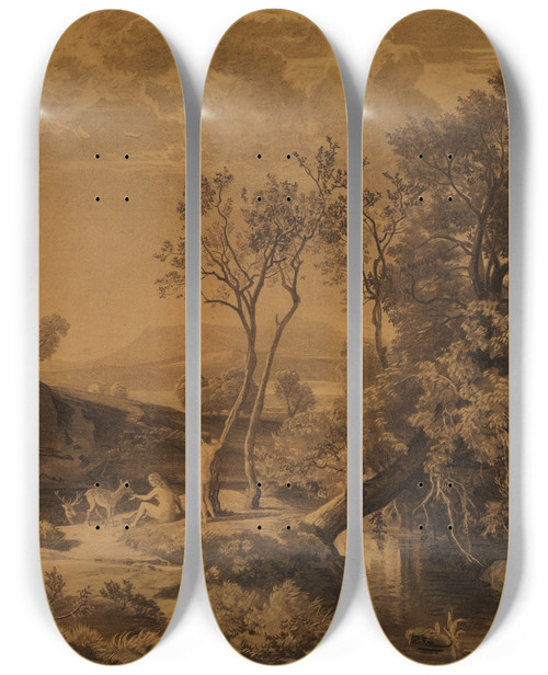 Triptych art skateboard deck of Johann Wilhelm Schirmer Das Paradies Als Ein Frhlingsmorgen Im Paradies I by Johann Wilhelm Schirmer (1807-1863)