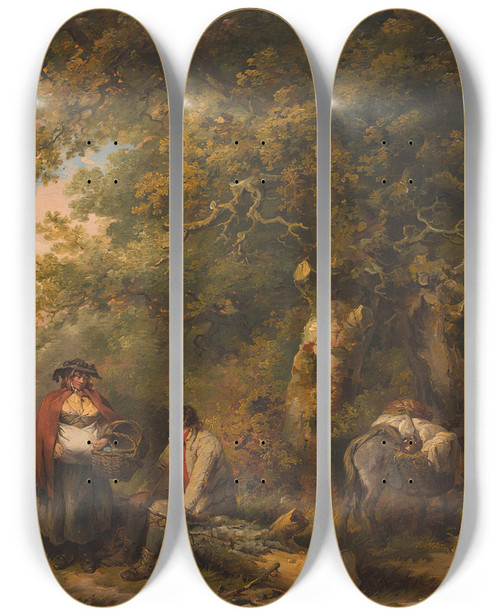 Triptych art skateboard deck of George Morland Gypsy Encampment With Seated Man Breaking Firewood by George Morland (1763-1804)