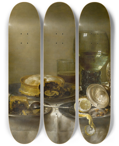 Triptych art skateboard deck of Willem Claesz Heda A Still Lifewith An Overturned Silver Tazza Glassware Pies And A Peeled Lemon On A Table by Willem Claesz Heda (1594-1680)