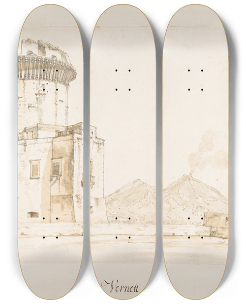 Triptych art skateboard deck of Claudejoseph Vernet The Castel Nuovo In Naples With A View Of Mount Vesuvius by Claude Joseph Vernet (1714-1789)