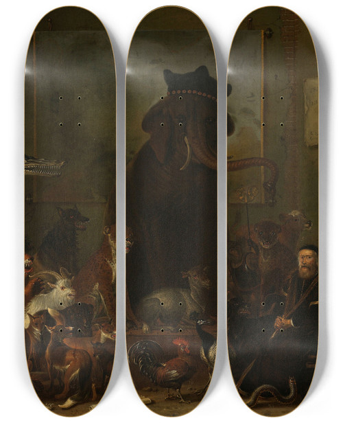 Triptych art skateboard deck of Cornelis Saftleven Satire On The Trial Of Johan Van Oldenbarneveldt by Cornelis Saftleven (1607-1681)