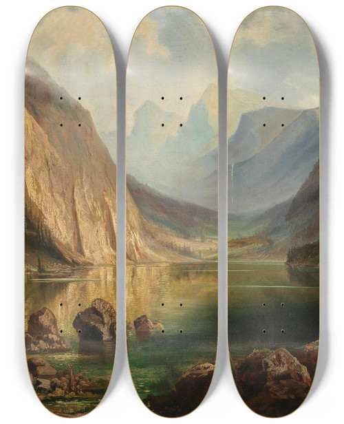 Triptych art skateboard deck of Ferdinand Lepie View Of The Hllengebirge Near Ebensee Langbathsee by Ferdinand Lepie (1824-1883)