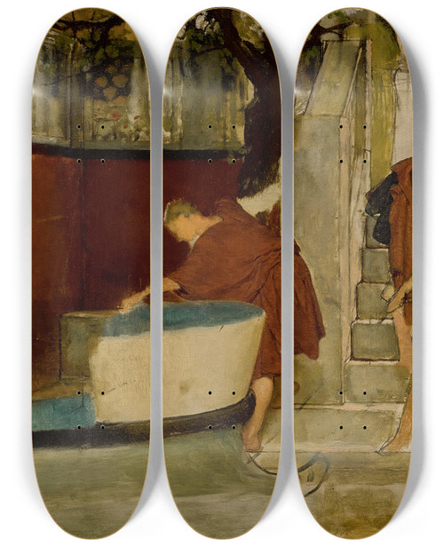 Triptych art skateboard deck of Lawrence Almatadema The Embarkation On The Barge by Lawrence Alma-Tadema (1836-1912)