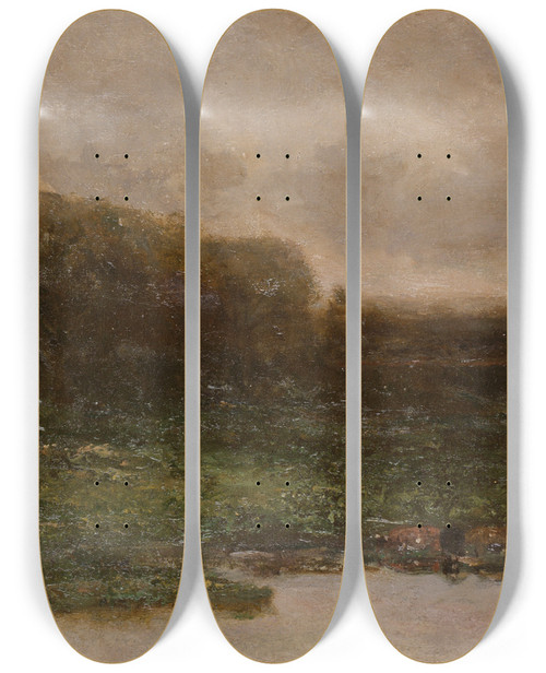 Triptych art skateboard deck of Edward Mitchell Bannister Summer Twilight by Edward Mitchell Bannister (1828-1901)