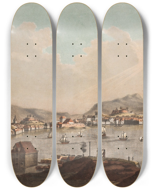 Triptych art skateboard deck of Georg Haas La Ville De Bergen by Georg Haas (1756-1817)