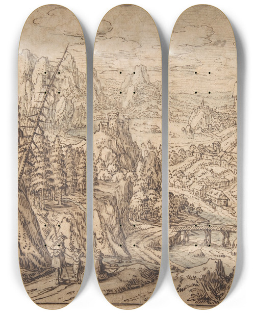 Triptych art skateboard deck of Tobias Verhaecht Mountainous Landscape With Travelers On A Road by Tobias Verhaecht (1561-1631)