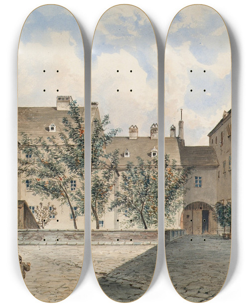Triptych art skateboard deck of Emil Htter Das Ehemalige Carmeliternonnenkloster Und Sptere Polizeigefangenenhaus In Der Sterngasse In Wien by Emil Hutter (1835-1886)